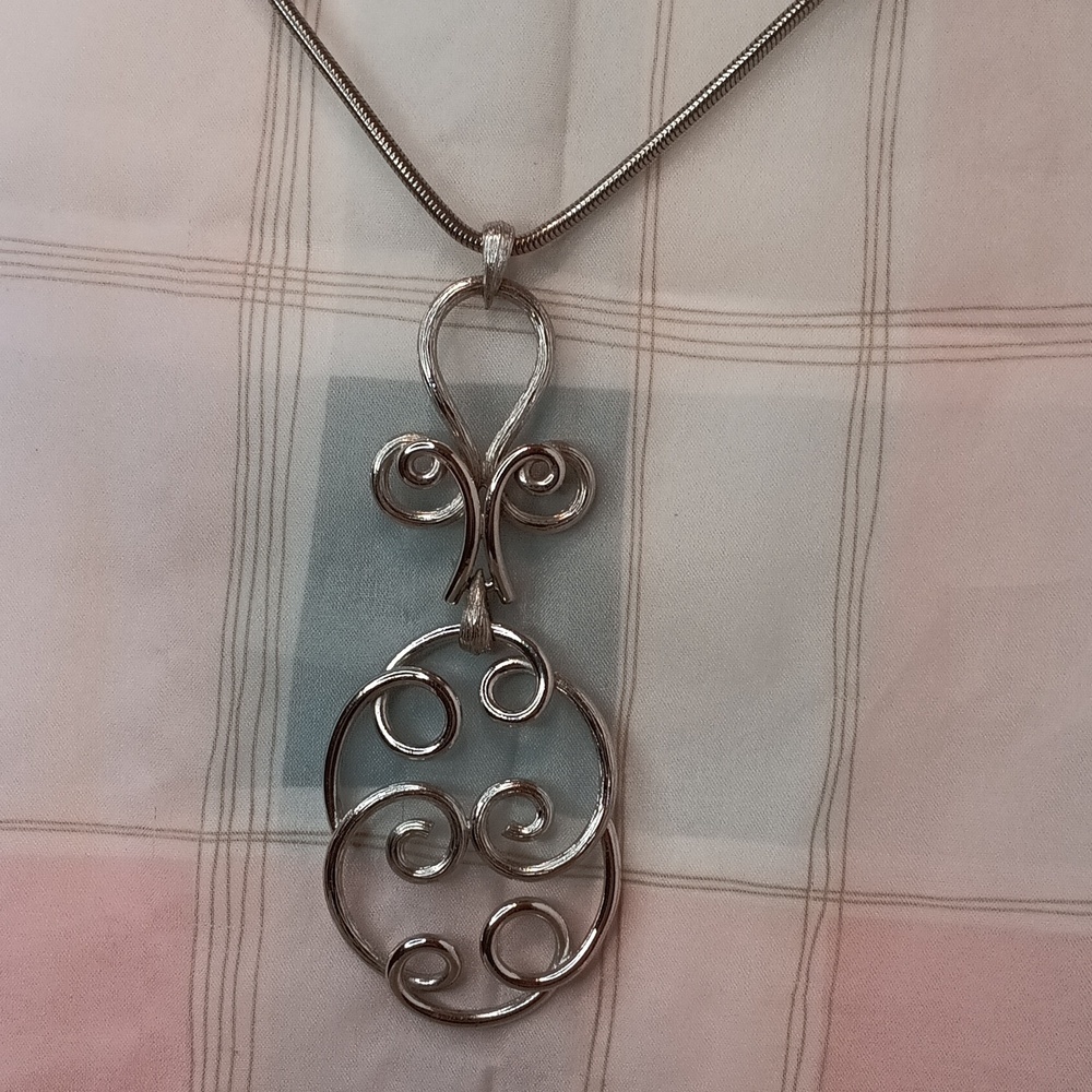 Roget Silver Tone Abstract Pendant Necklace 44" Long Vintage